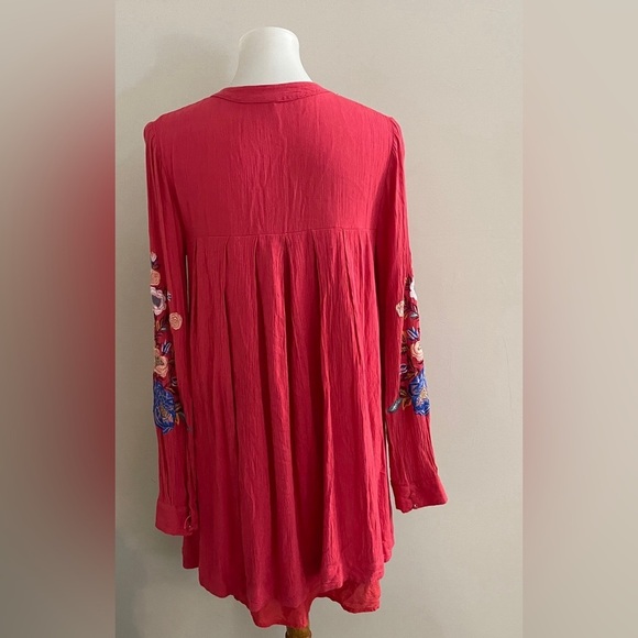 Free People Coral Red Embellished Long Sleeve Mini Dress Boho Festival Vacation - Picture 3 of 9